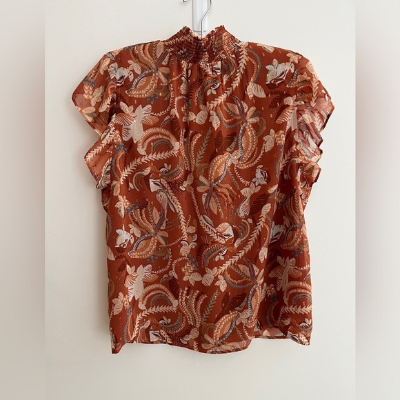 JOIE Short Flutter Sleeve Pullover Flowy Blouse Keyhole High Smocked Neck Copper - Picture 7 of 16